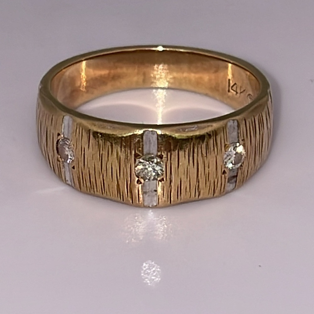 Solid Stamped 14K Yellow Gold Natural Diamond Vintage Textured Modern Band Ring